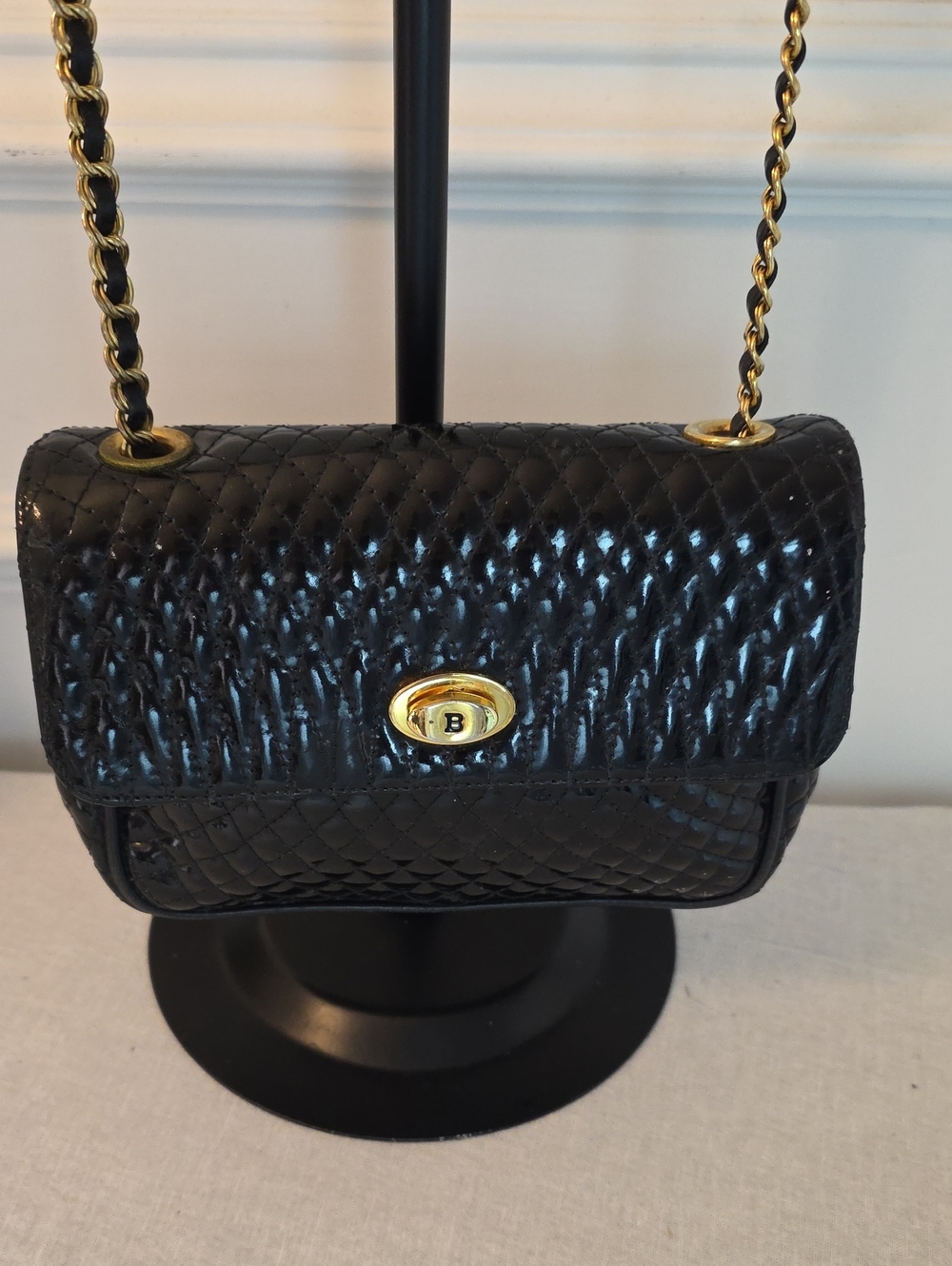 Bally Black Quilted Patent Leather Crossbody with Gold Chain